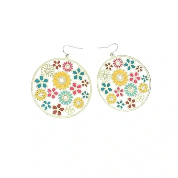 2” EARRINGS ROUND GOLD TIN W/ Multicolored FLORAL PRINT DROP - Picture 3 of 4